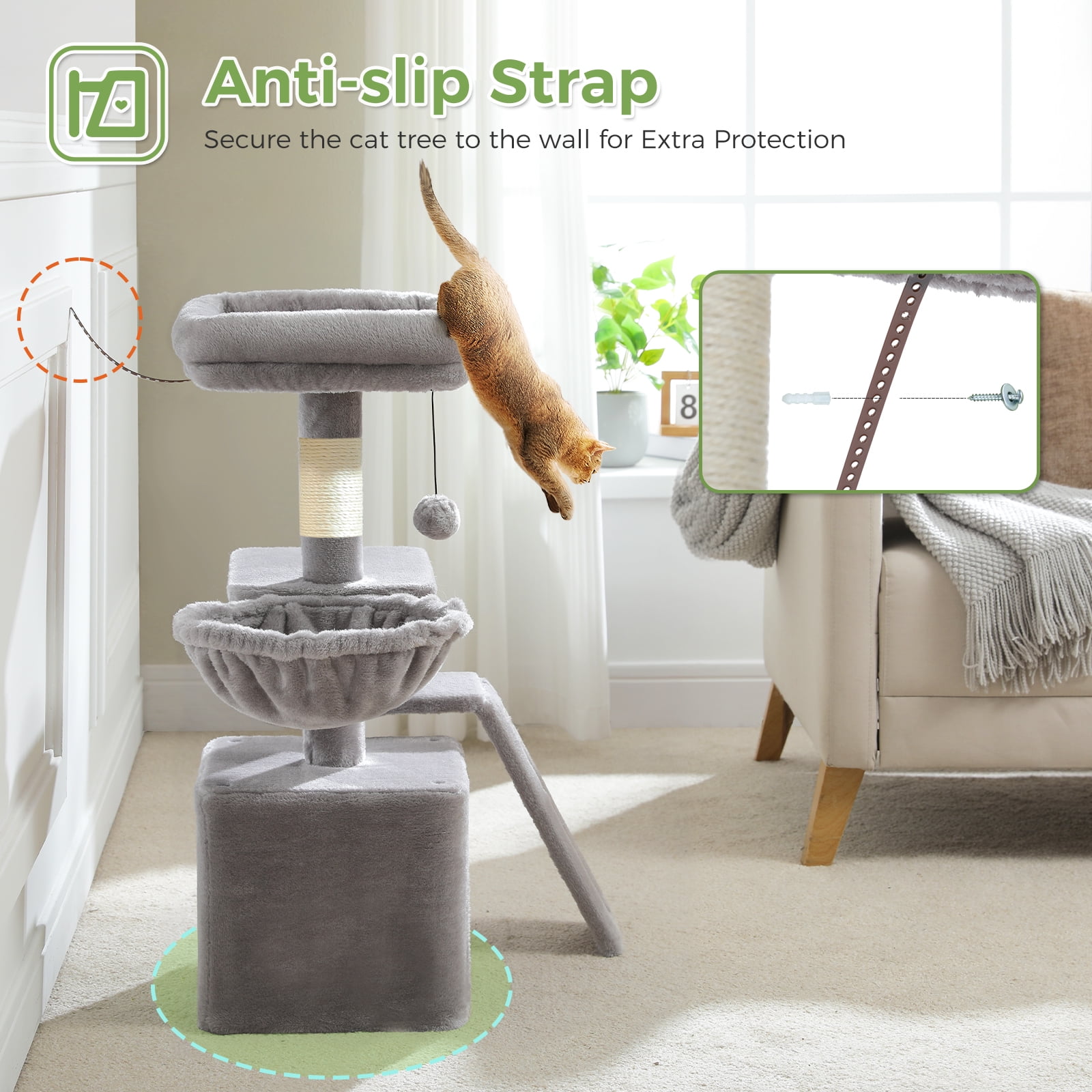 Pefilos 32" Cat Tree Tower, Cute Cat Condo with Sisal Scratching Ramp, Cozy Hammock and Removable Top Bed Perch for Indoor Kittens, Gray