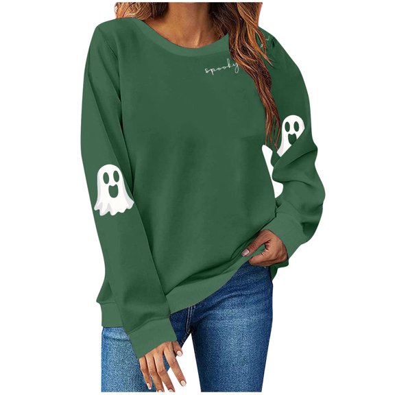 Spooky Season Sweatshirts Halloween Ghost Sweatshirt Women - Halloween Graphic Crewneck Tops Casual Sweater Army Green XXL