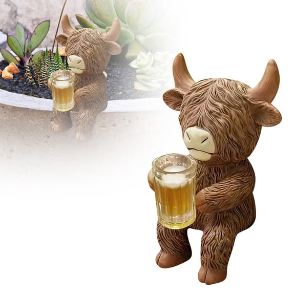 Highland Cow Statue Flower Pot Decoration Resin Flower Hugger with Glass, Cute Farm Animal Ornament for Garden Patio Balcony Yard Lawn or Indoor Living Room Decor Gift