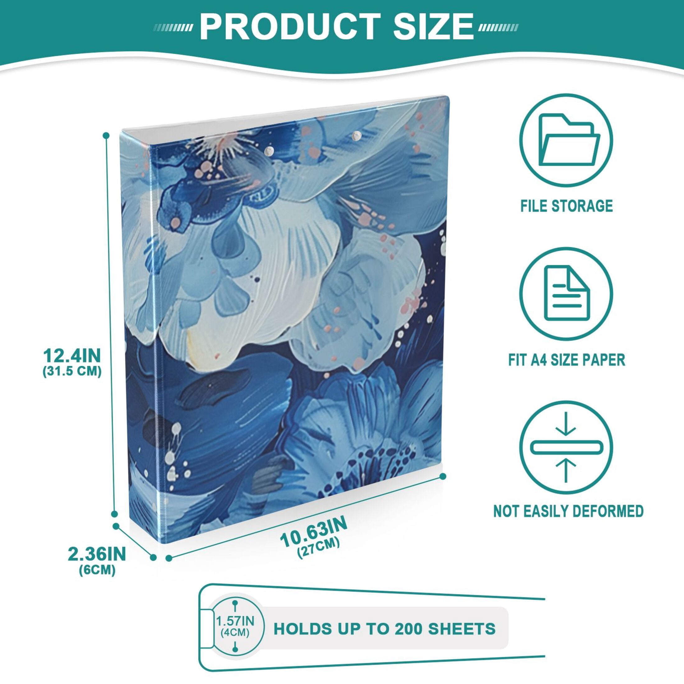 Blue Floral 3 Ring Binders 1.5 inch Hardcover File Folders with Interior Pockets A4 Size Organizer for School Office Hospital