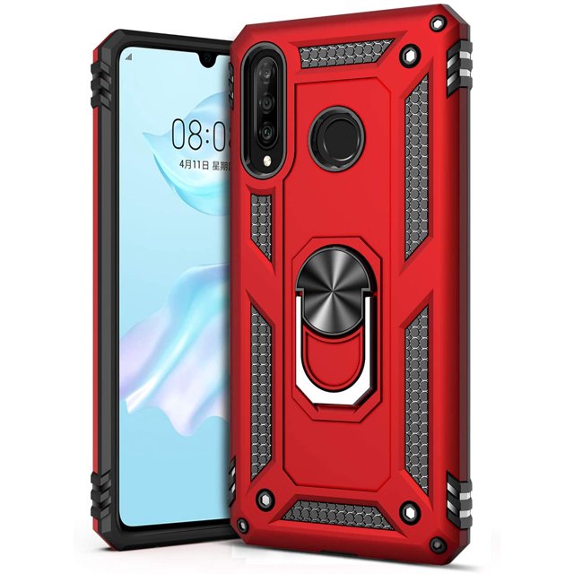 IBAOLE Ring Kickstand Phone Case for Huawei P30 Lite,Heavy Duty Dual Layer Drop Protection Case,Hard Shell + Soft TPU + Ring Stand Fits Magnetic Car Mount,Black Red Only for HUAWEI P30 Lite