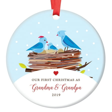 First Christmas as Grandma & Grandpa 2019, New Grandparents Ornament, Bird Family Porcelain Ornament, 3