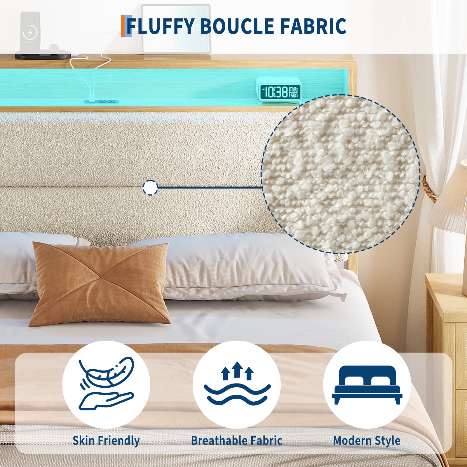Queen Size Upholstered Bed Frame with LED Lights & Charging Station, Boucle Headboard Platform Bed with Wooden Slats, No Box Spring Needed, Easy Assembly，Beige