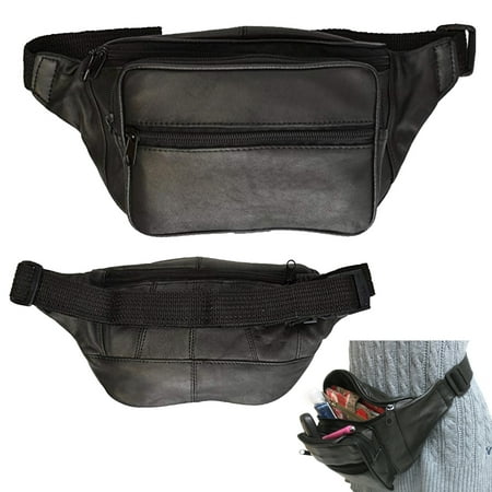 AllTopBargains - Black Leather Fanny Pack Waist Bag Adjustable Travel Pouch Mens Womens Hip ...
