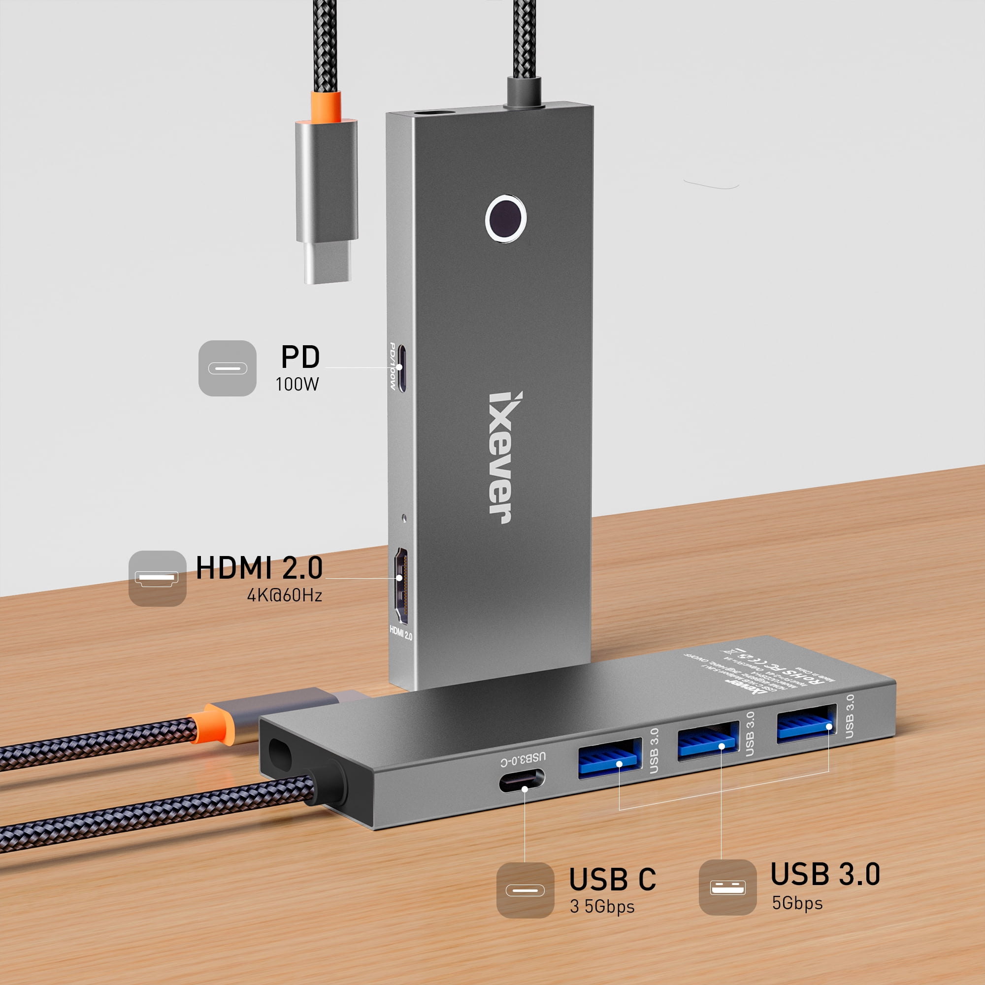USB C Docking Station 6-in1, iXever USB Type C to HDMI 2.0 4K@60Hz, 2x USB 3.0 HUB, USB Type C, PD 100W Charging Ports
