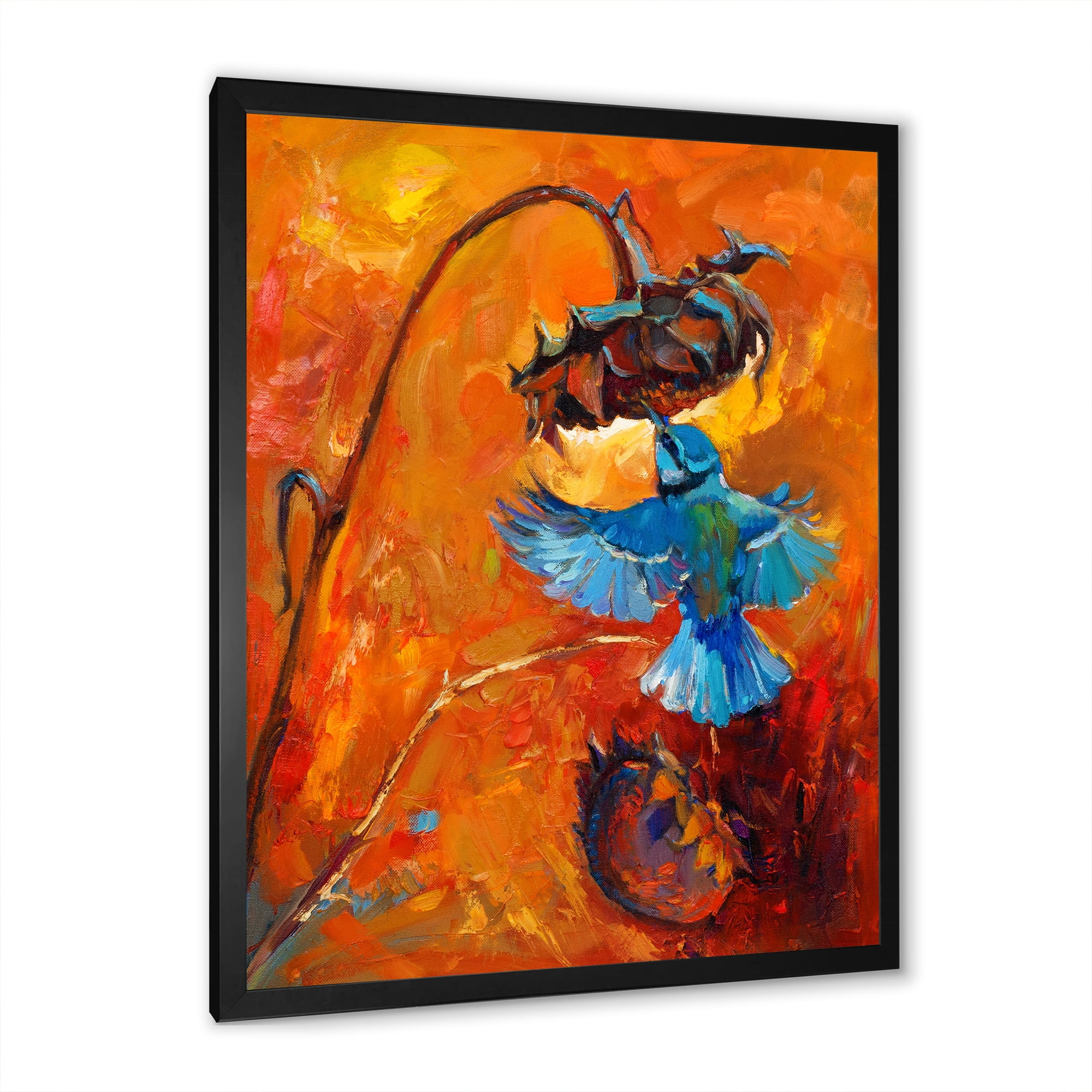 Designart 'Blue Hummingbird On Orange Sunflower' Traditional Framed Art Print