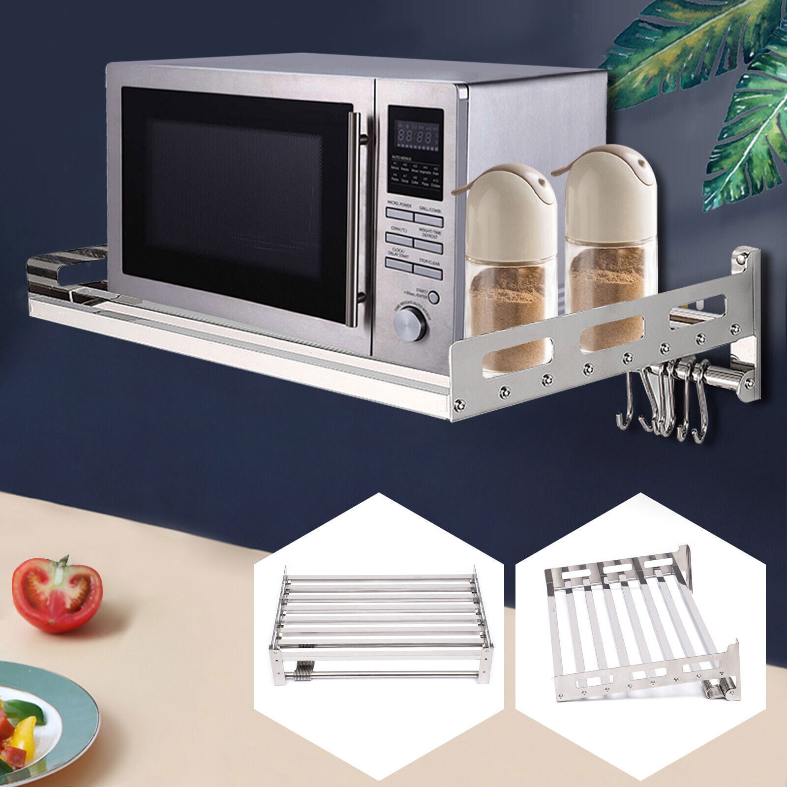 Denest Wall Mount Microwave Oven Shelf Kitchen Item Storage Bracket W/12Hooks Stainless