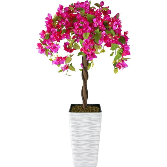 4FT Artificial Bougainvillea Tree with White Planter, Decorative Silk Floral Topiary for Indoor and Outdoor Home and Porch Decoration