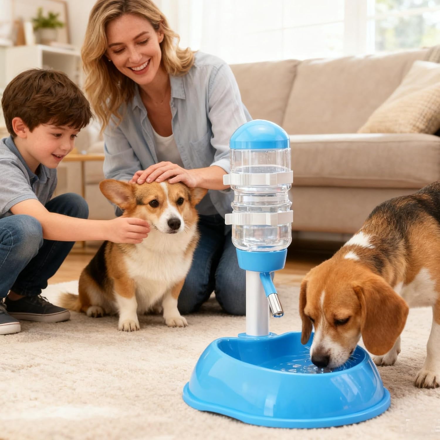 Upright Adjustable Dog Water Fountain, Splash Proof Detachable Bowl, Height Stand, Indoor Outdoor