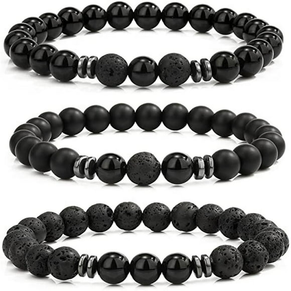 EIGTHTAIL 3 Pcs 8MM Tiger Eye Beaded Bracelets for Men Natural Stone Elastic Bracelet Set Lava Rock Beaded Bracelets for Men Birthday Gifts for Son Boyfriend Brother for Him