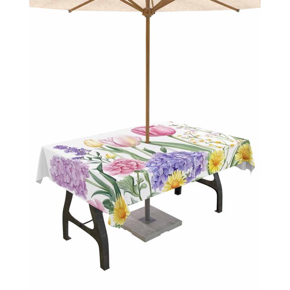 Outdoor Tablecloth with Umbrella Hole for Patio/Picnic/Party/Camping, Spring Floral Waterproof Table Cloth Rectangle Table Cover Washable, Summer Botanical Pink Wildflower 60"x 84"