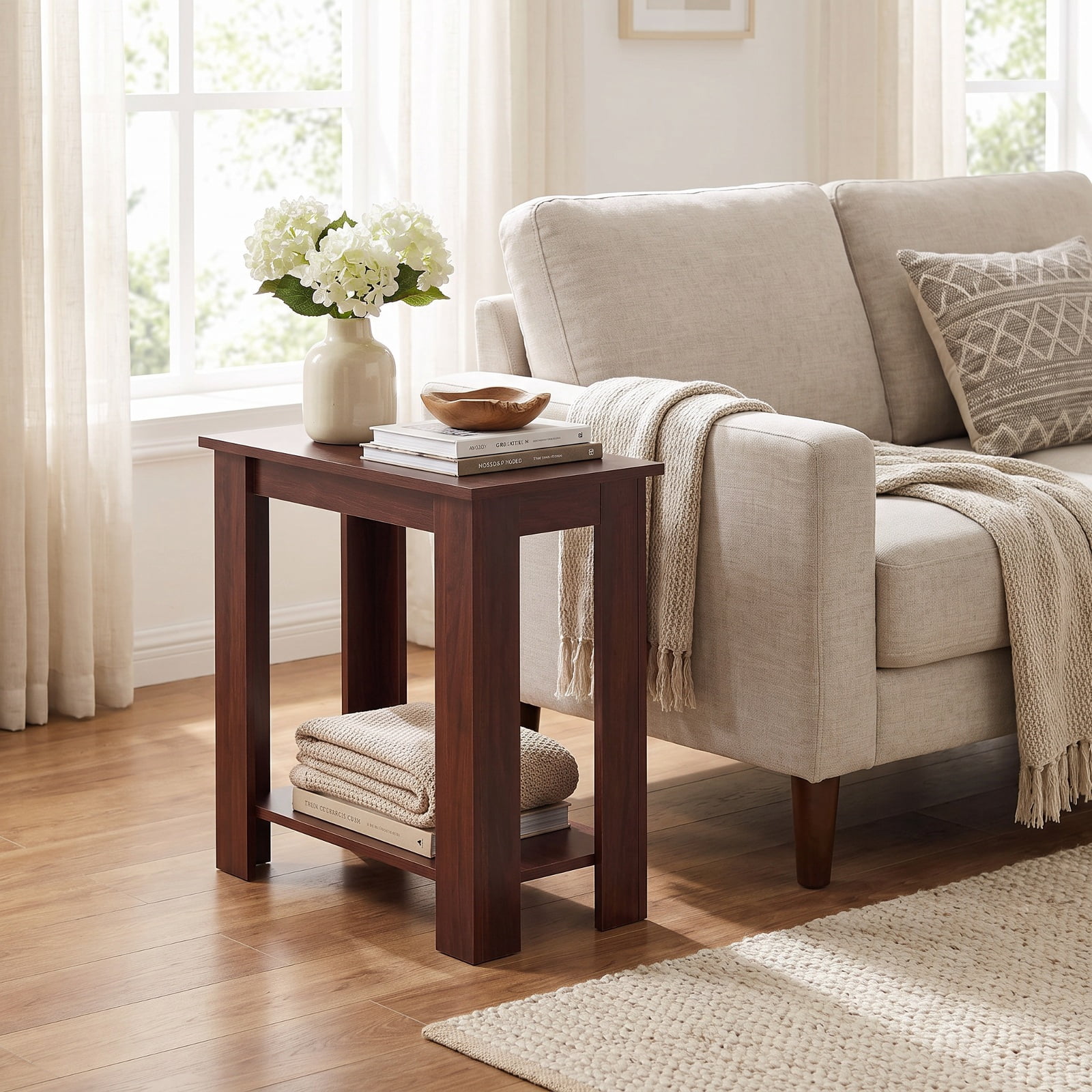 Furnibear 2 Tier Compact End Table with Storage Shelf and Non Slip Legs for Small Living Room Bedroom and Sofa Side, Brown