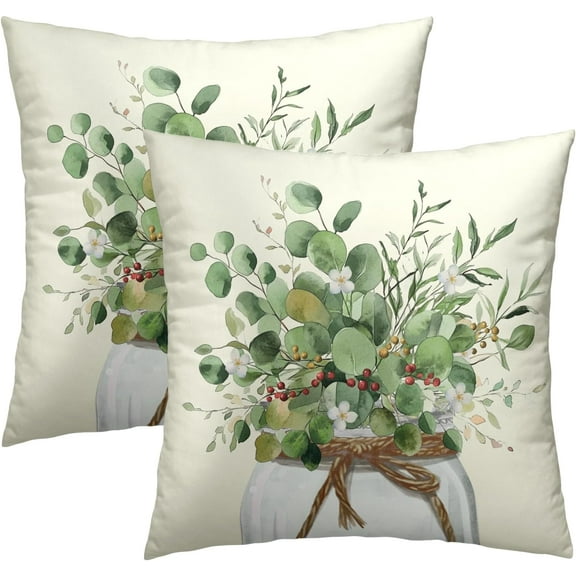 Ryan; Eucalyptus Throw Pillow Covers 18x18 Set of 2, Watercolor Green Leaves Floral Mason Jar Spring Square Pillowcases Cushion Cover for Couch Sofa Living Room Bedroom Home Decor