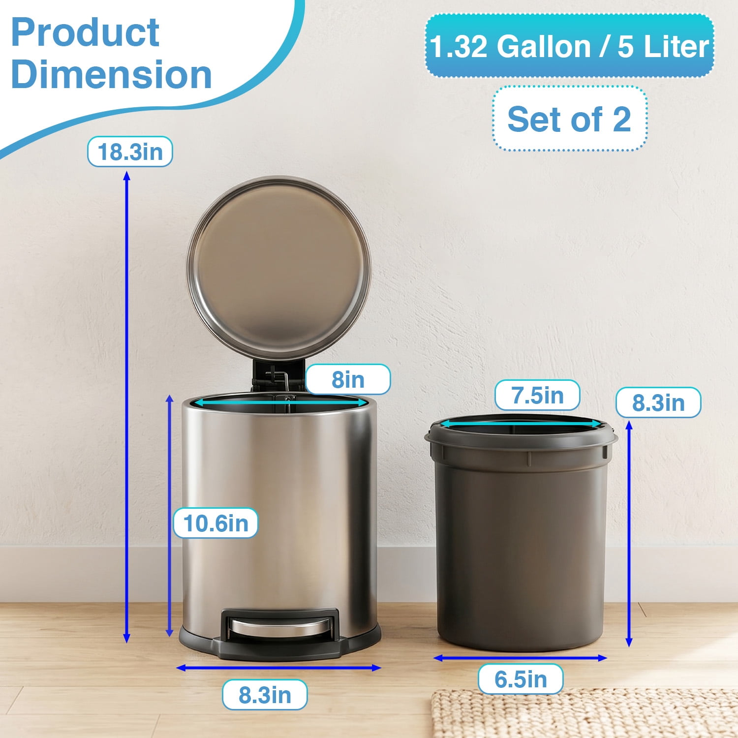 FDW 1.32 Gallon Stainless Steel Mini Step Kitchen Trash Can with Soft Lid for Indoor, 2 Pack(Silver)