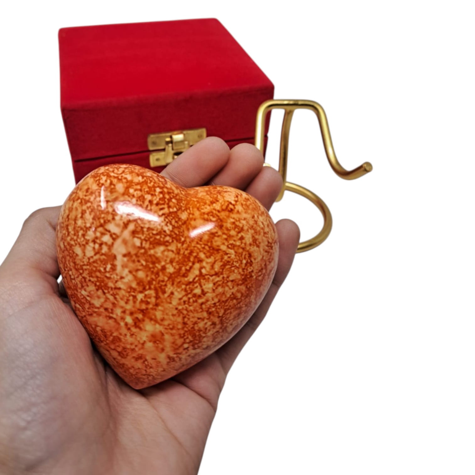SMIURNS Custom Engraved Heart-Shaped Orange Speckled Memorial Urn Keepsake Cremation Urn for Human or Pet Ashes - Includes Gold Display Stand and Red Velvet Gift Box