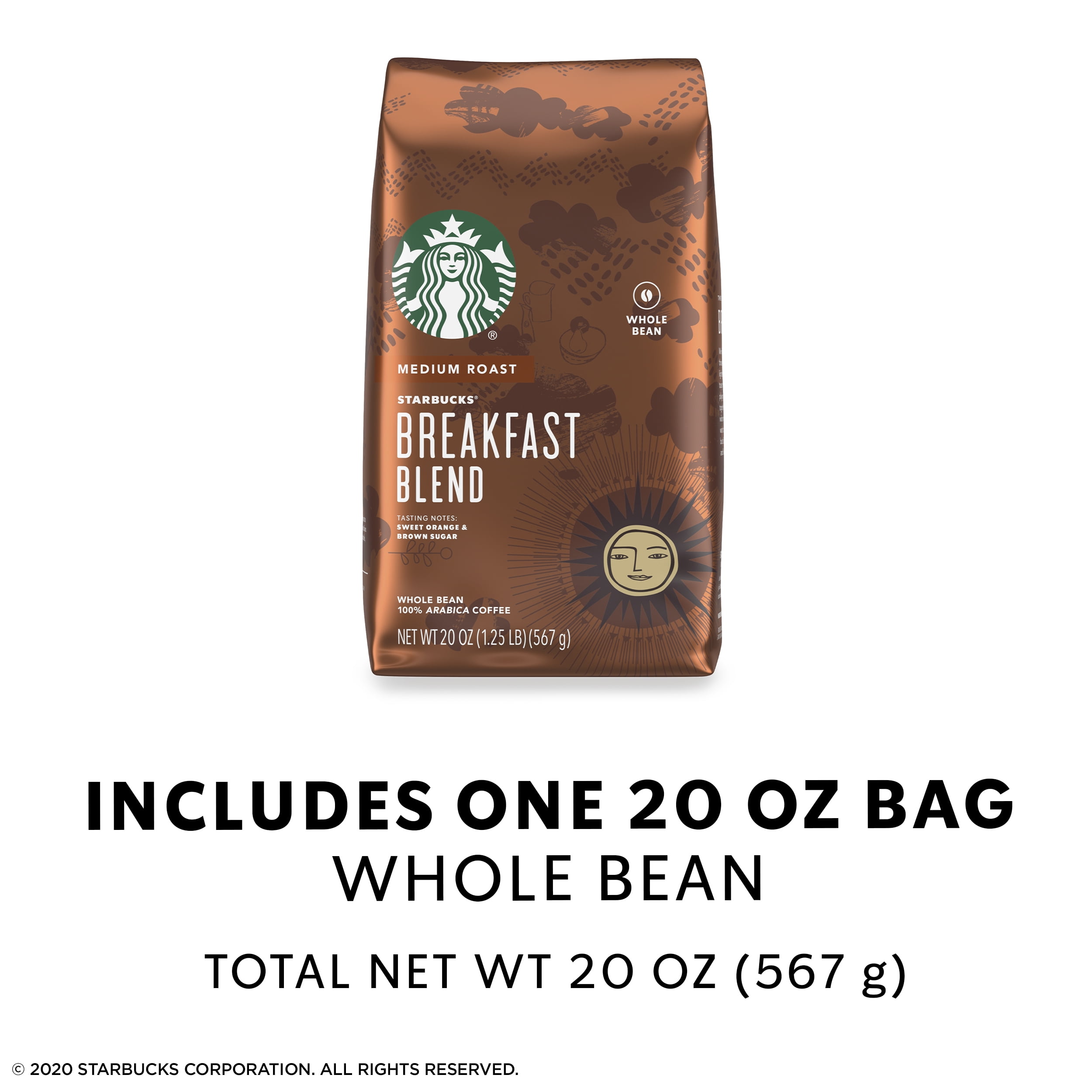 Starbucks Breakfast Blend Medium Roast Whole Bean Coffee, 20 Oz, Bag