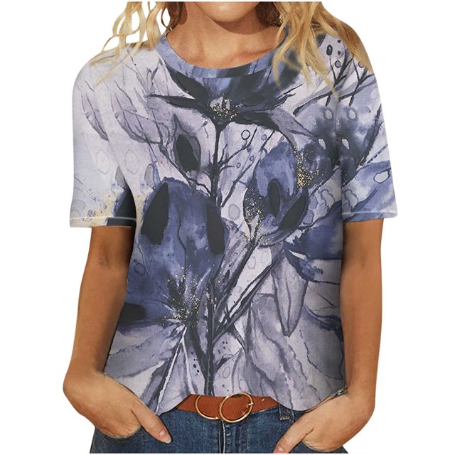 Blusa de manga corta con cuello redondo y estampado informal para mujer Fridja hjk6013