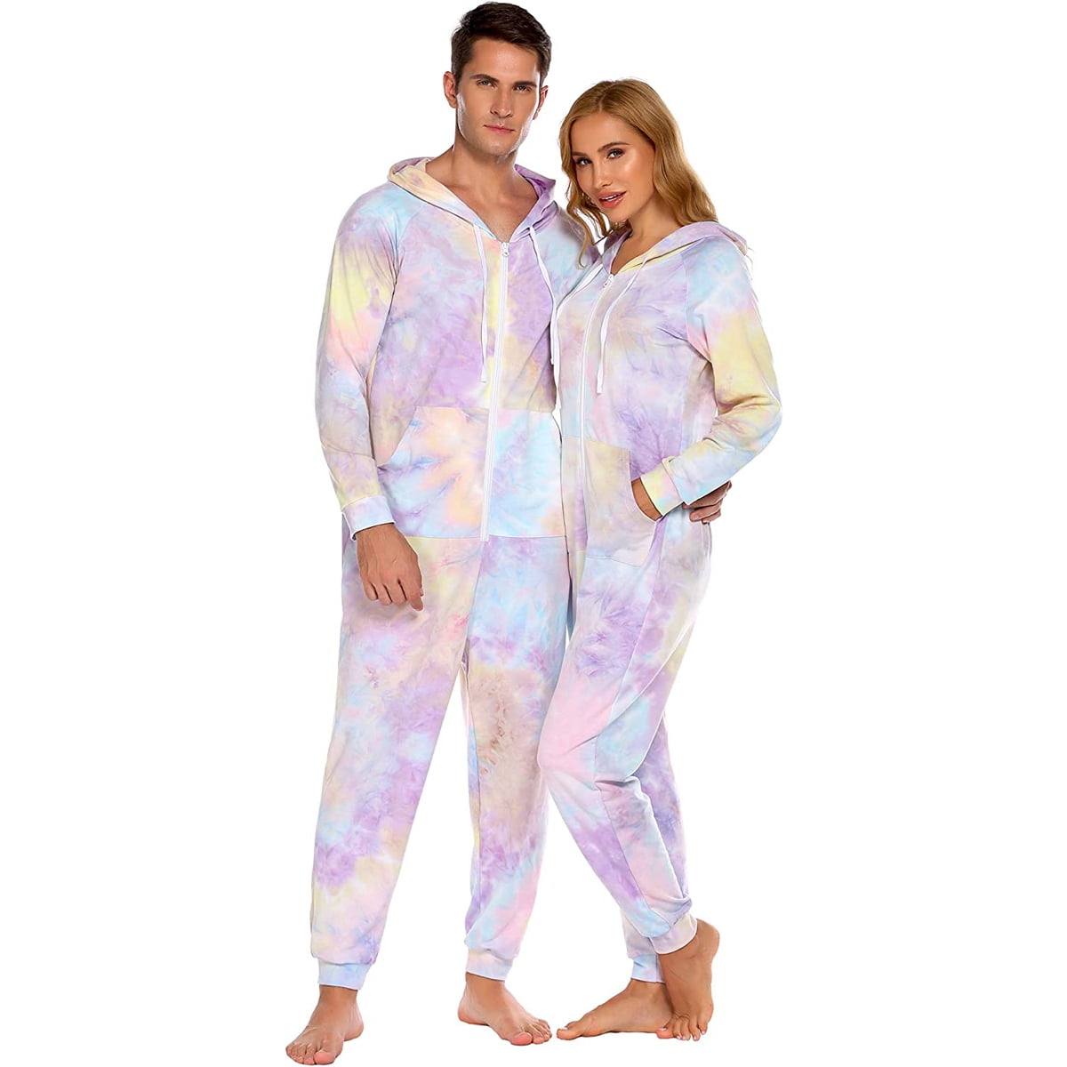 Coutexyi Tie Dye One Piece Pajamas Couples Long Sleeve Non Footed Suit With Hoodie Round Collar Zipper Sleepwear Walmart Com