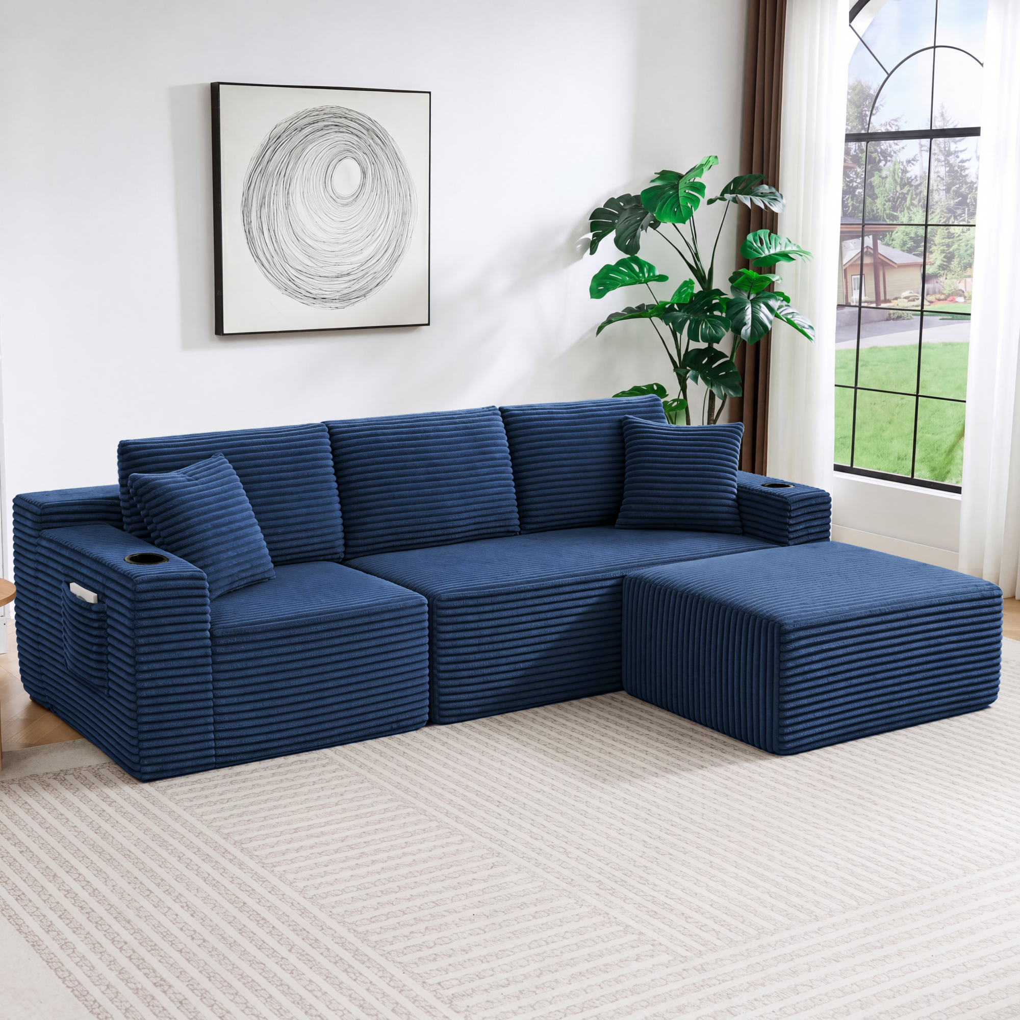 HOQBN L-Shaped Sectional Sofa with Ottoman, Corduroy 3-Seat Couch, Modern Modular Sofa for Living Room Blue