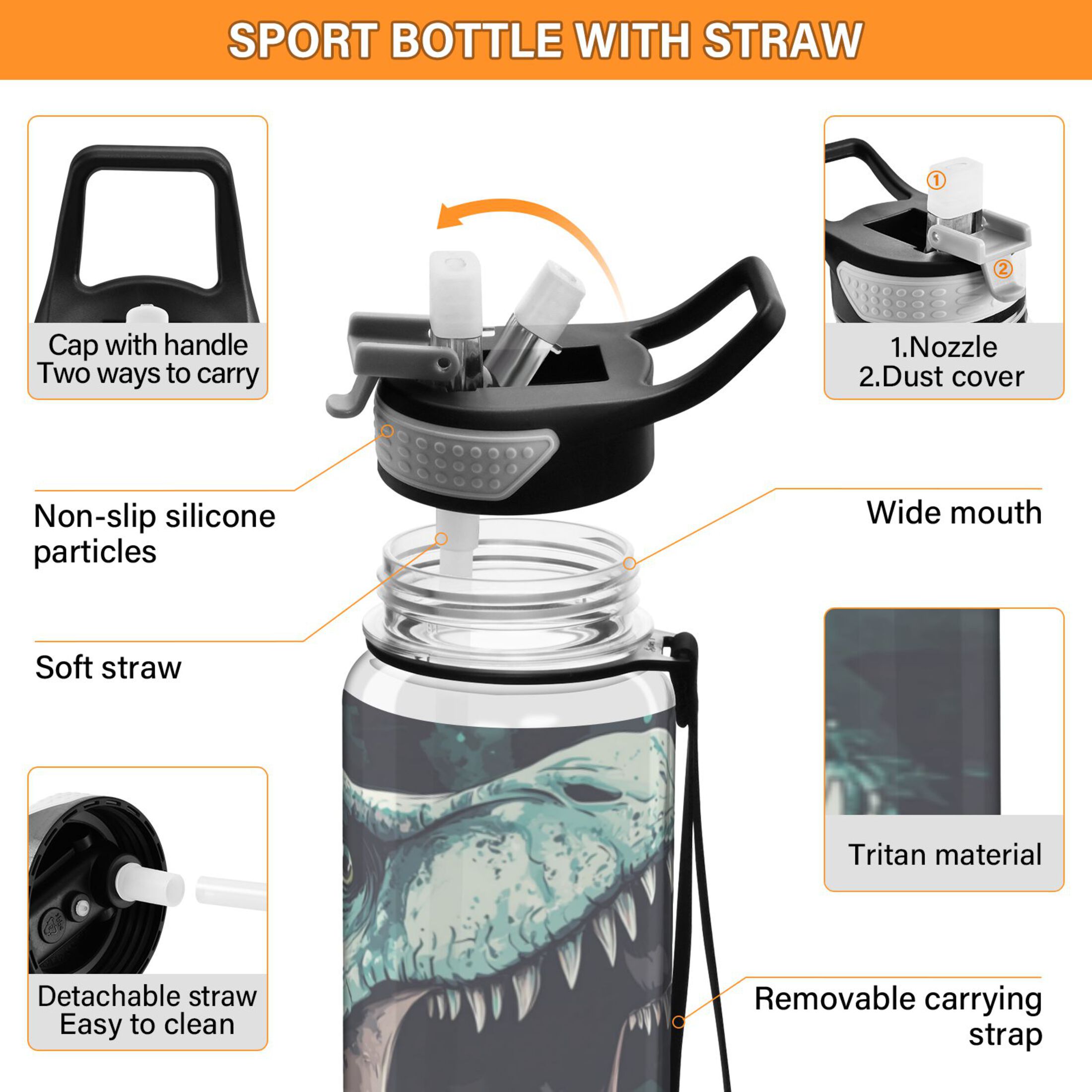 Qxltty Tyrannosaurus Rex Water Bottle 32 oz with Straw BPA Free Reusable Fitness Sport Bottle Perfect for Travel School Outdoors and Gym