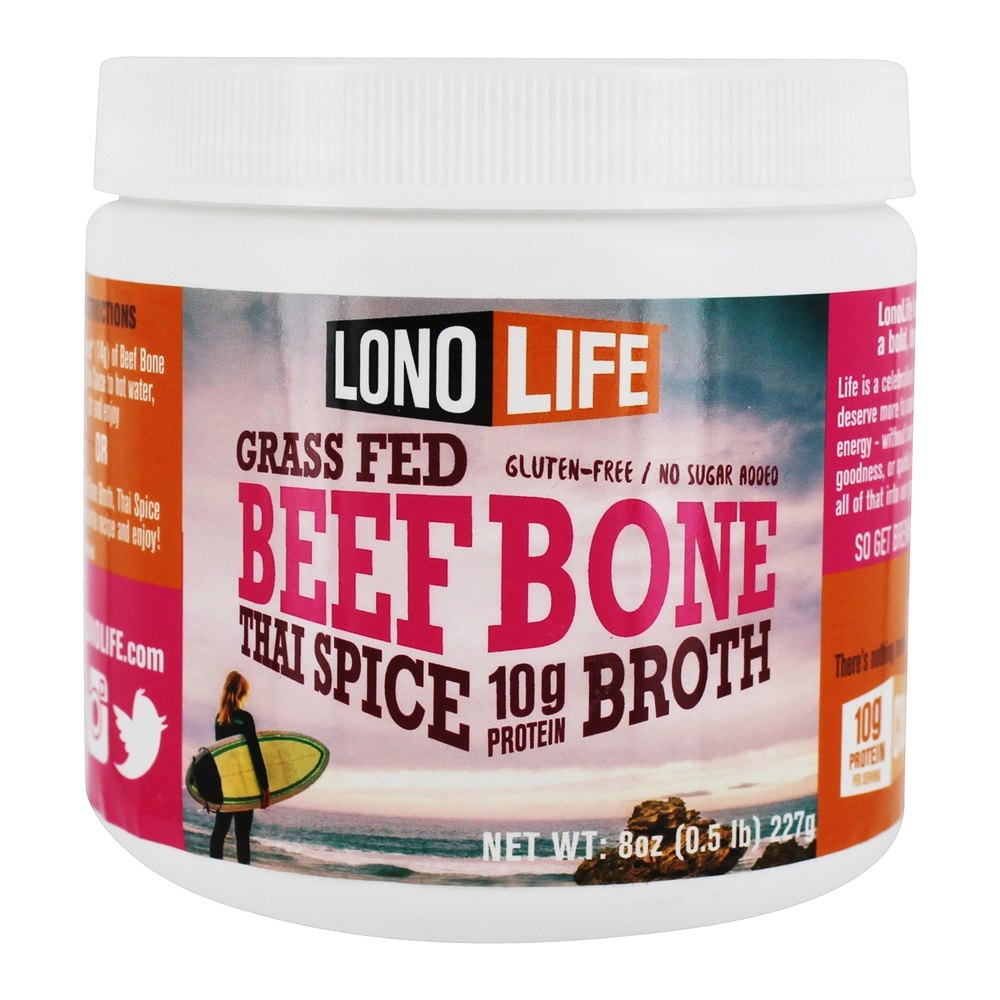 LonoLife Grass Fed Paleo Beef Bone Broth Powder Thai Spice 8 oz