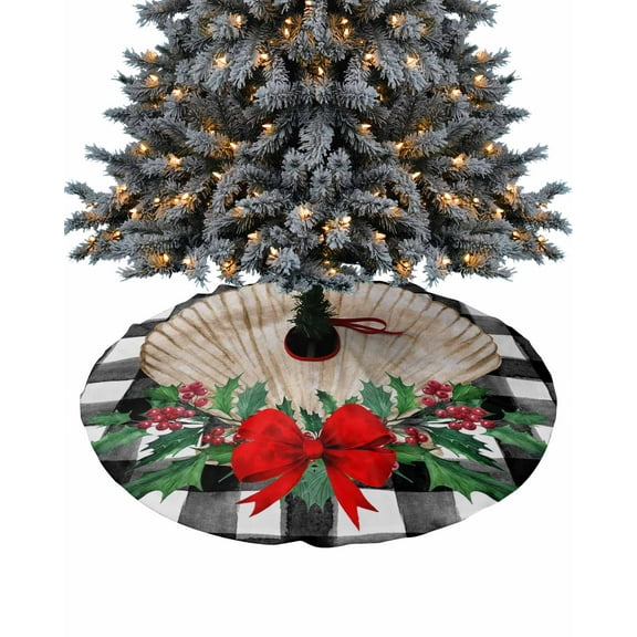 Christmas Christmas Tree Skirt 36 Inches Large Christmas Skirt Tree, Berry Botanical Red Bow Knot Shell Black Plaid Tree Skirt Christmas Decorations for Fireplace Party Holidays Indoor Outdoor