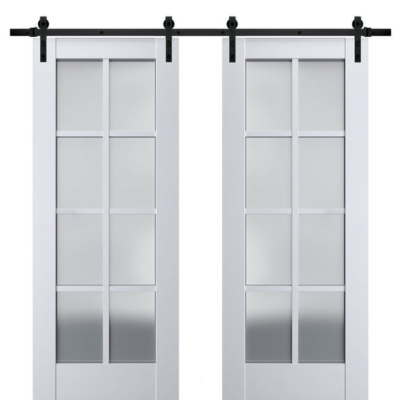Sturdy Double Barn Door with Frosted Glass | Veregio 7412 White Silk | 13FT Rail Hangers Heavy Set | Solid Panel Interior Doors-36" x 96" (2* 18x96)-Black Rail