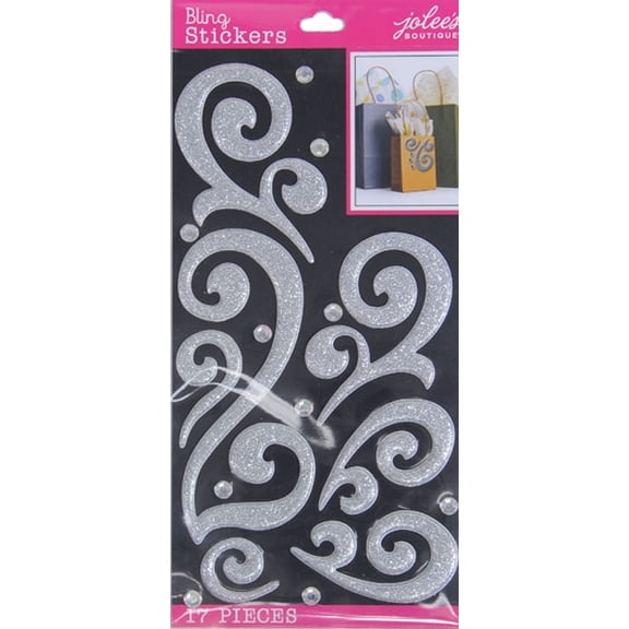 Jolee's Boutique Solid Silver Puffy Flourish Bling Paper Stickers, 17 Pieces