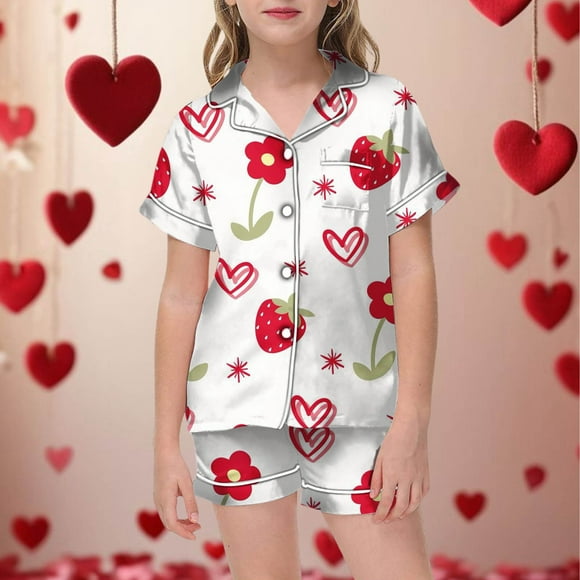 Toddler Christmas Pajama Set Printed Silk Pjs for Girls Short Sleeve 2 Piece Sleepwear Button-Down Christmas Outfit Kids Elf Pajamas 2-3 Years