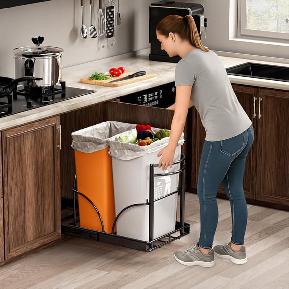 Dual Pull Out Trash Can Under Cabinet Rack - Black (No Trash Can Included)