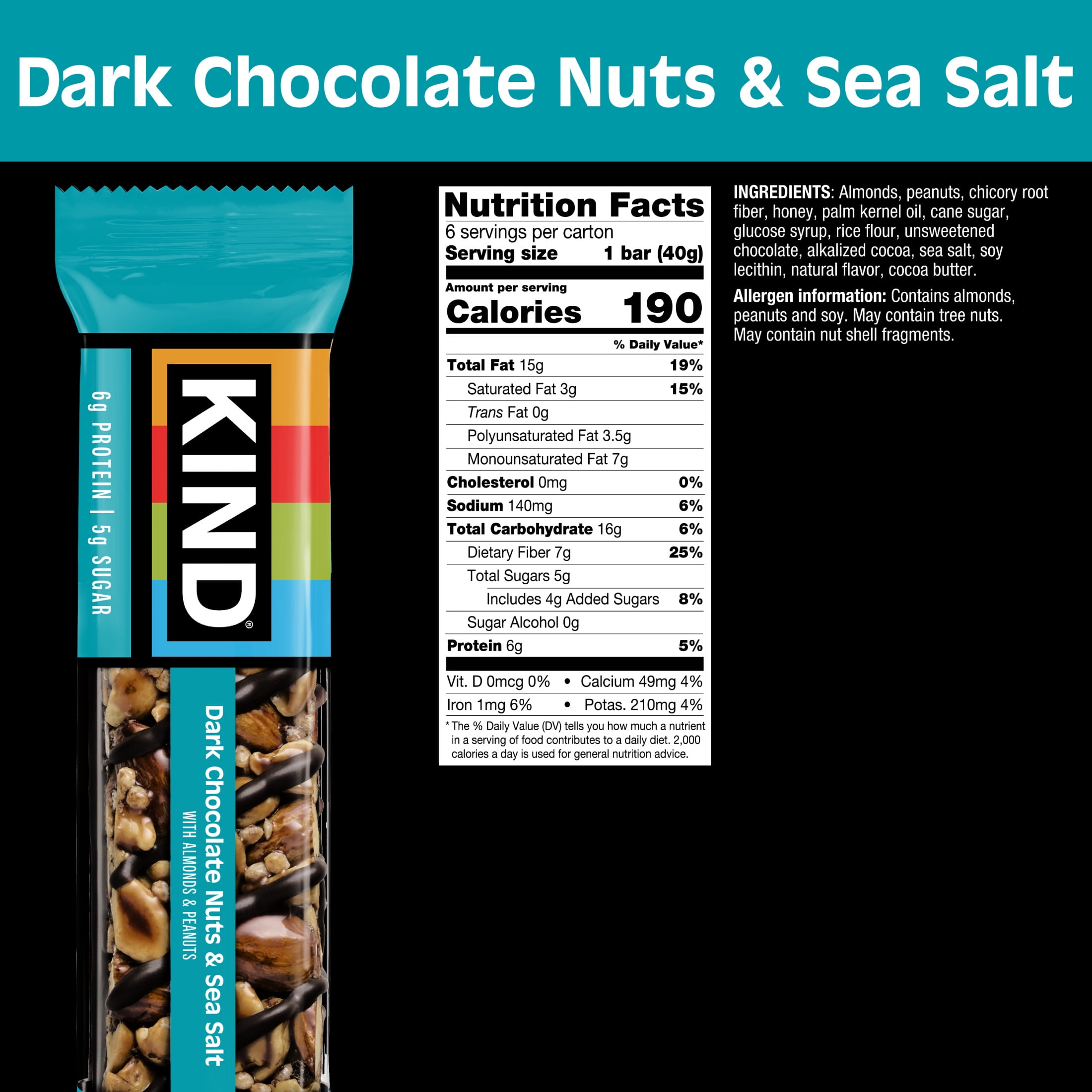 (6 pack) KIND Gluten Free Dark Chocolate Nuts & Sea Salt Snack Bars, 1.4 oz, 6 Count Box