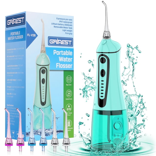 Water Dental Pik Flosser Grinest 7 modos Selecciones dentales de agua recargables para limpieza de dientes Irrigador bucal inalámbrico Portátil IPX7 Hilo dental impermeable para viajes en el hogar-Ver