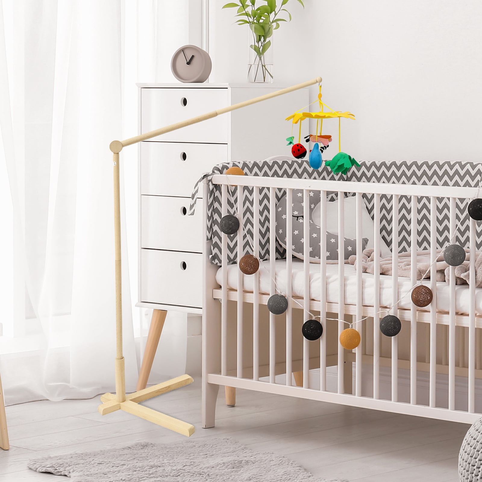 Wood Floor Standing Crib Mobile Arm Movable Baby Mobile Holder 55.51in Height Nursery Decor for Hanging Bed Bell Baby Bed Toys
