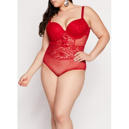 Rainbow Female Adult Plus Size Mesh Lace Bustier Bodysuit Sleeveless  Sweetheart  Bodysuit  Padded Cups  Adjustable Strap(s)  Bottom Snap Closure  Solid  Lace  Mesh