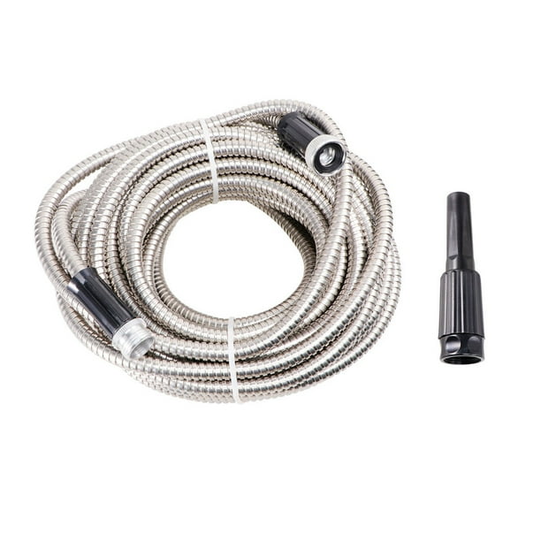 Manguera de jardín ligera de acero inoxidable de 50 pies, manguera de riego de metal resistente, manguera de agua de jardín, boquilla de pulverización gratuita para el hogar, plata