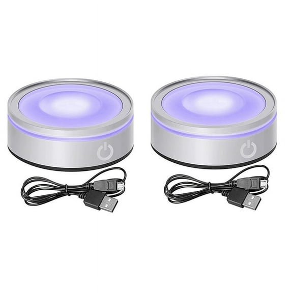 2X LED Light Base with Sensitive Touch Round Colorful Stand Display for 3D Crystal Glass Art Photo Frame Silver Concave,2 x led light base 2 x usb cable,Silver
