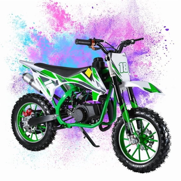 Korogimeeet Green Gas Mini Motocross 49cc 2-Stroke, Hand-Pull Start with Infinite Variable Gear, 10 Inch Off-Road Tires, Dual Disc Brakes, Shock Springs, 47 x 28 Inch