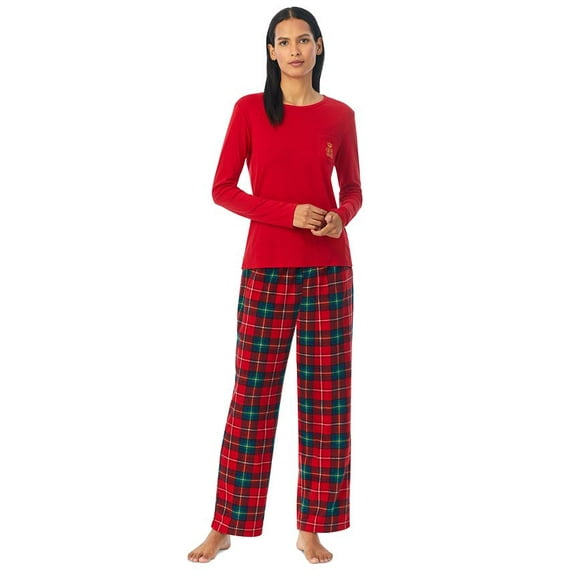 Lauren Ralph Lauren Women’s 2-Pc. Knit-Top Fleece-Pant Pajamas Set – Red Plaid, X-Large