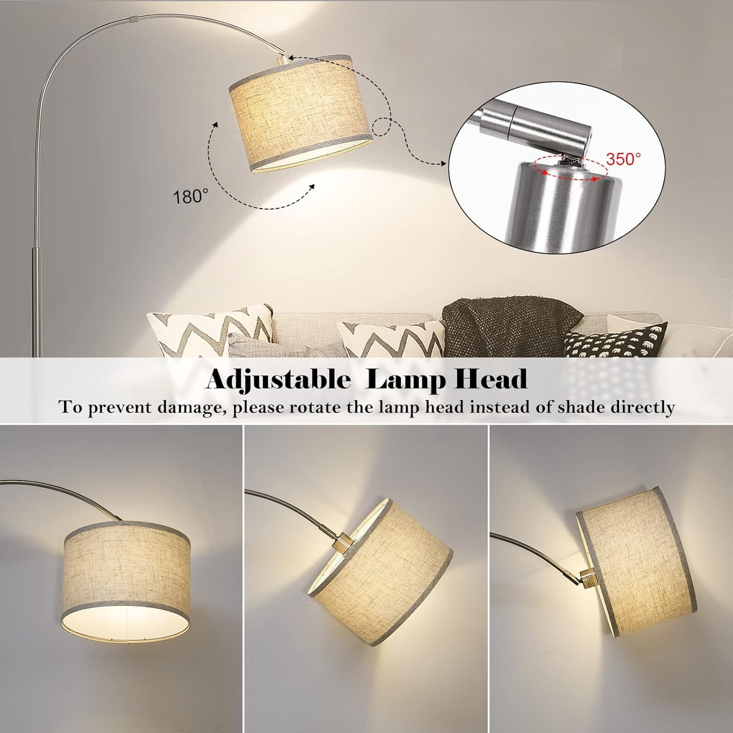 Modern Floor Lamp for Living Room with Adjustable Head, Tall Pole Lamp with On/Off Pedal Switch, Over Couch Tall Standing Light for Reading, Bedroom, Office (Silver)