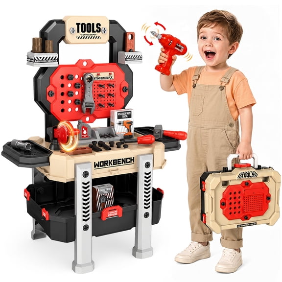 ALLJOY Kids Work Bench with Tools and Electric Drill, 78 Pcs Kids Toddlers Tool Set,Pretend Play Workbench Construction Toys for Boys Girls