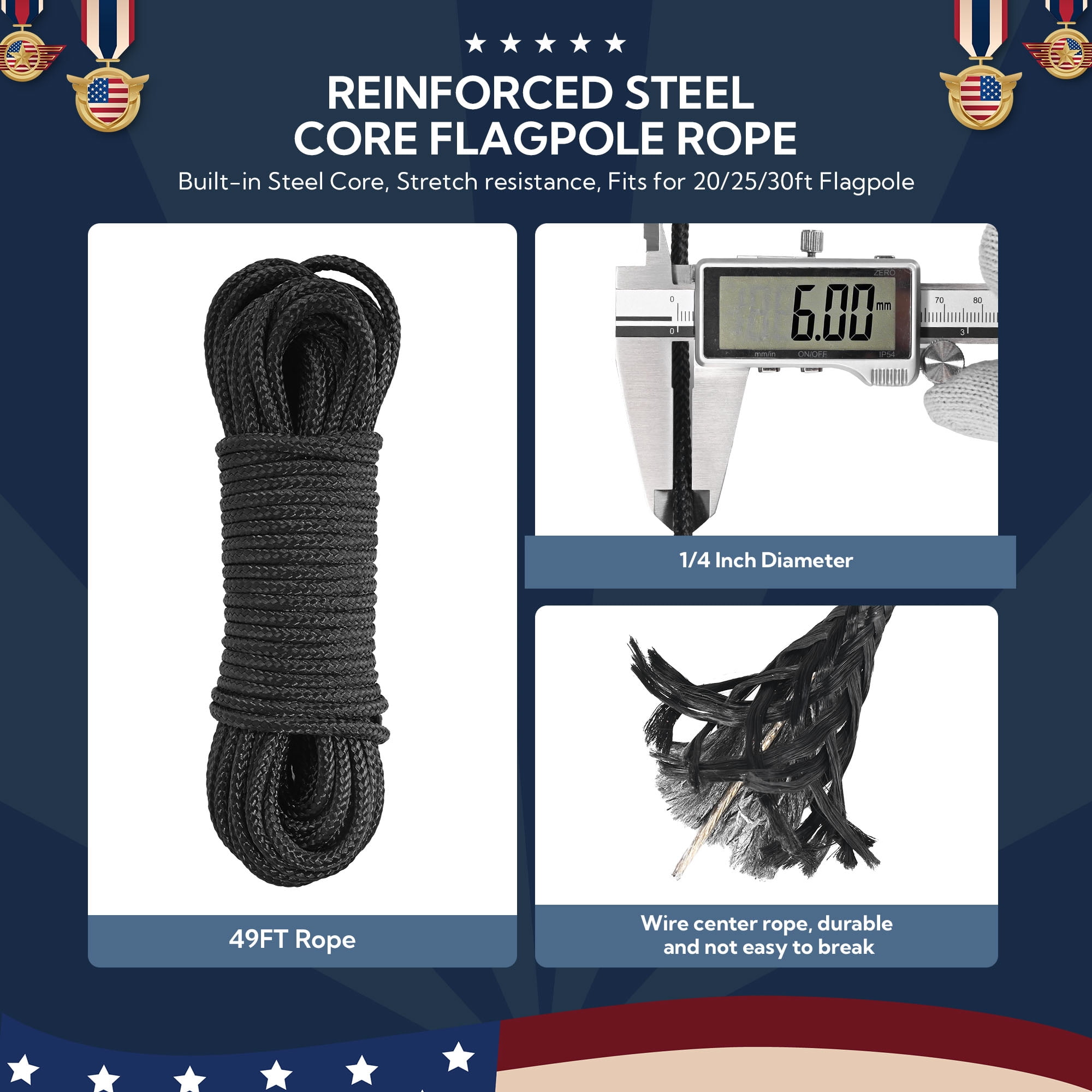 Yescom ALL Aluminum Flag Pole Hardware Repair Kit 50FT Wire Core Halyard Rope Black Ball Topper for 20/25/30 FT Sectional Pole with 1 13/16" Dia.