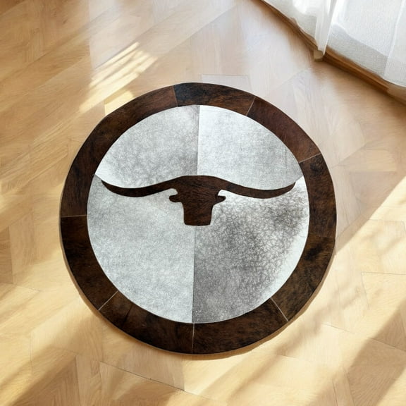 Bull Head Cowhide Patchwork Round Rug Size 5'x5'