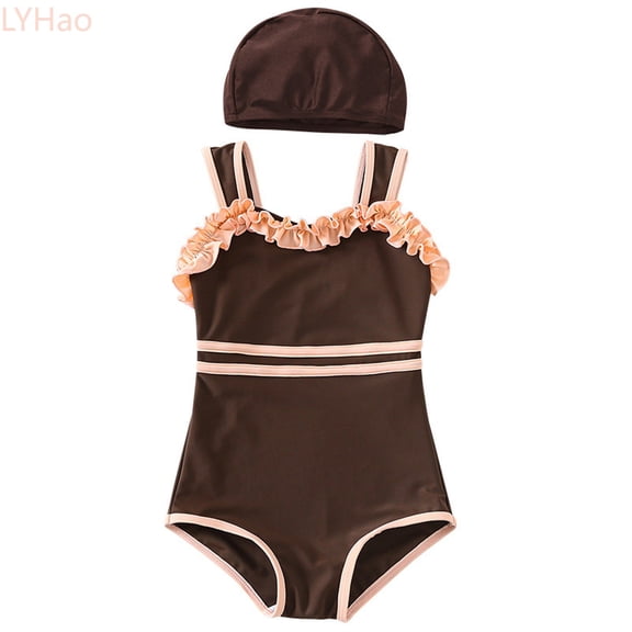 LYHao Lace Trim Girls Swimsuit For Kids Toddler Athletic Swimwear With Floral Design,One-Piece Swimwear 3-4 Years Brown