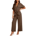 thumbnail image 2 of IUYRTFE Women Short Sleeve Button Down Shirt and Wide Leg Pants Set with Pockets Casual 2 Piece Outfit, 2 of 7