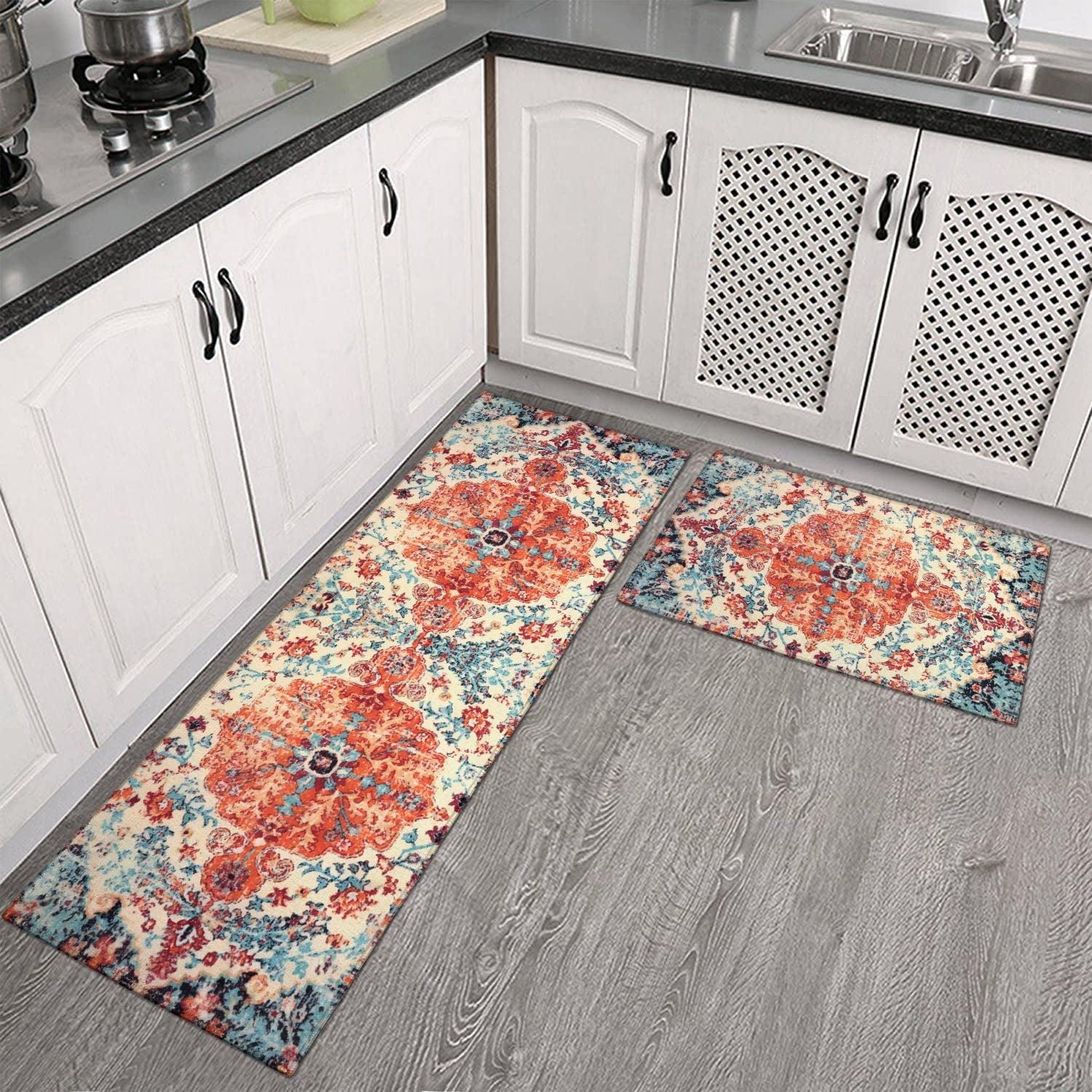 Kitchen Mats and Rugs Non Skid Washable 2 Pieces Natural Rubber Boho
