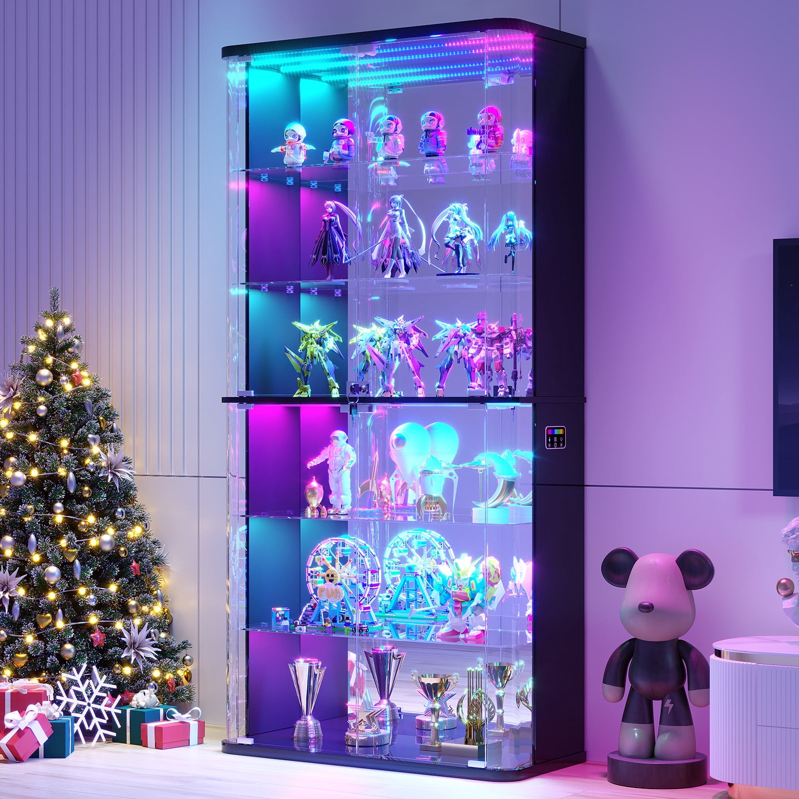 VKCC Display Cabinet with Glass Door and RGB, Lockable Curio Cabinet with Tempered Glass & Curved Acrylic Side, Bookshelf for Living Room, Black