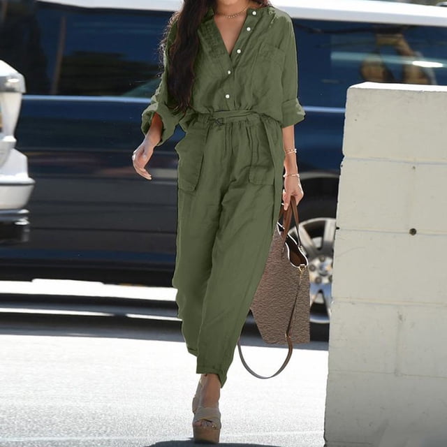 AherBiu Plus Size Womens Linen Jumpsuits V Neck Long Sleeve Button down Tops and Pants Lightweight Solid Color Jumpsuits Outfits