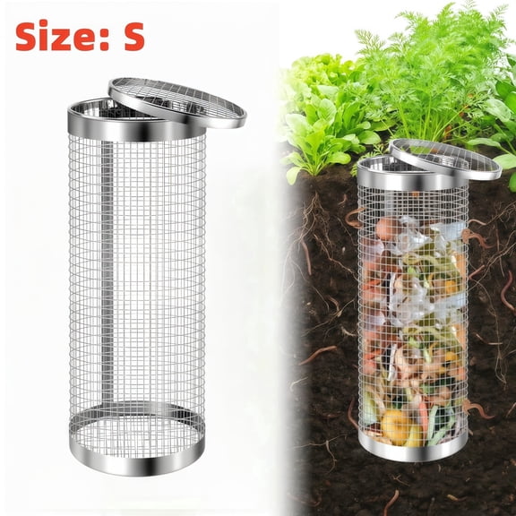 Underground Worm Composting Bin, Metal Compost Bin for Recycling Kitchen Food Waste, Outdoor Worm Compost Bin with Holes and Lid Use in Outdoor Garden Vegetable Patch Backyard (Silvery 1pcs-S)