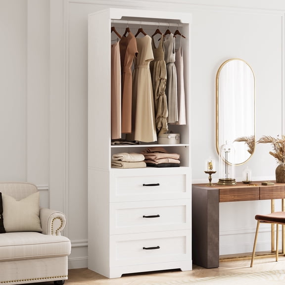 IRONCK Freestanding Closet System with 3 Wood Drawers, Modern Armoire Wardrobe with Adjustable Shelves & Hanging Rod, Walk-in Closet Systems Organizer for Small Closet, White