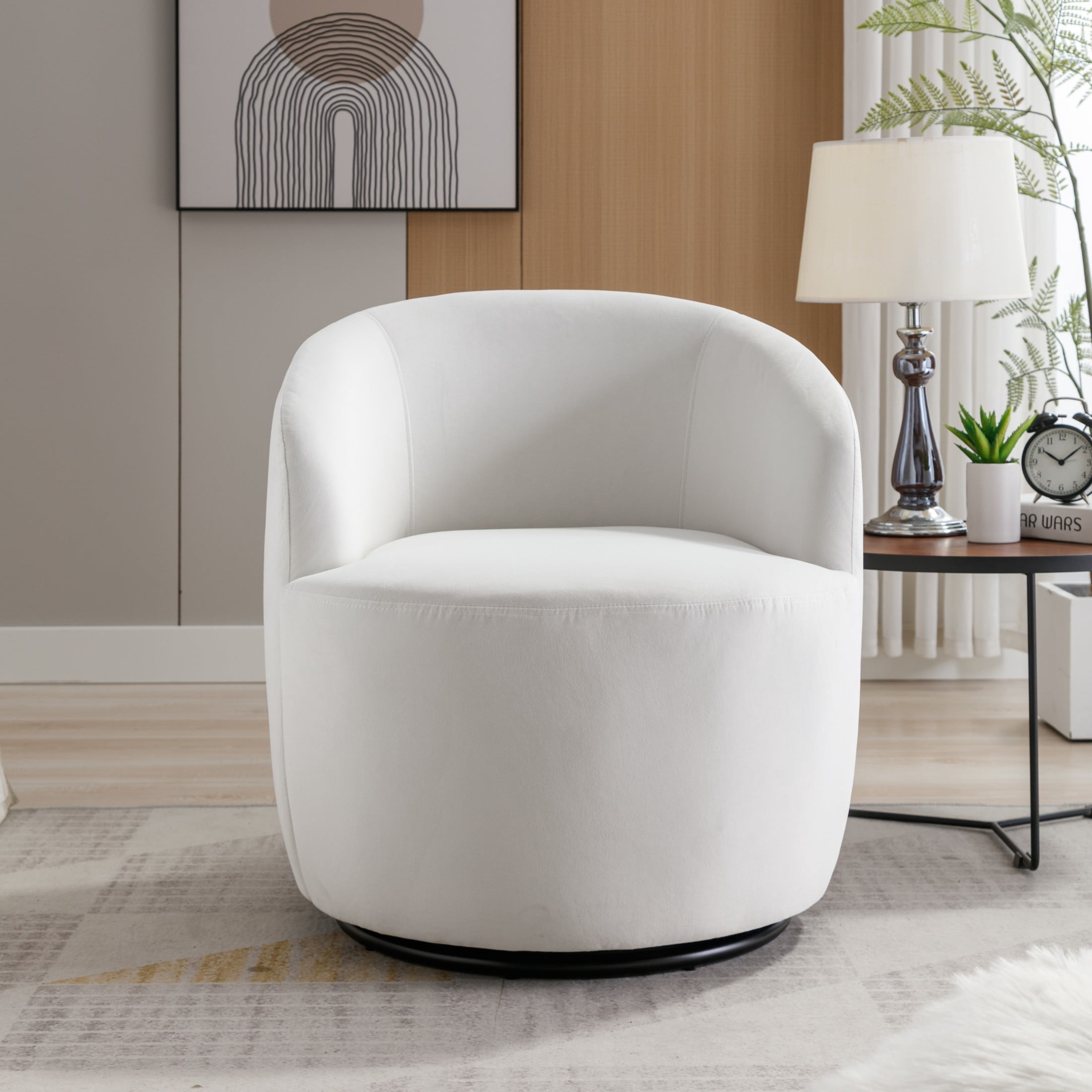 Noble House Arissa 26" Velvet Ergonomic Barrel Armchair, Swivel Reading Chair with Metal Base for Living Room, White